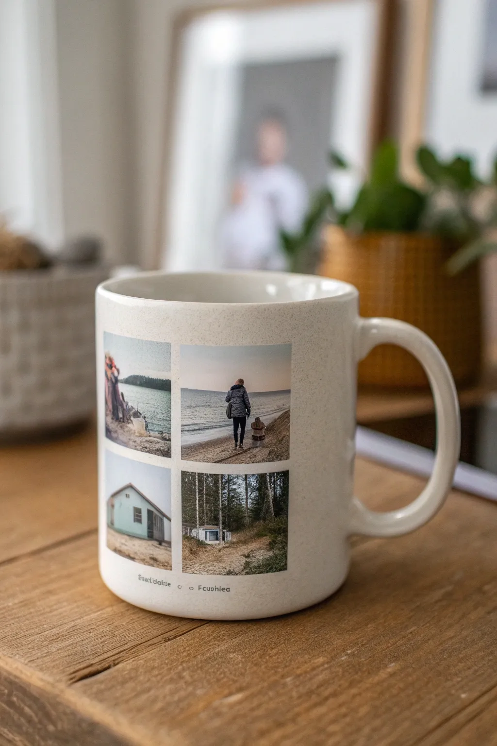 Minimalist mug with a four-photo collage that turns memories into a cozy daily ritual.