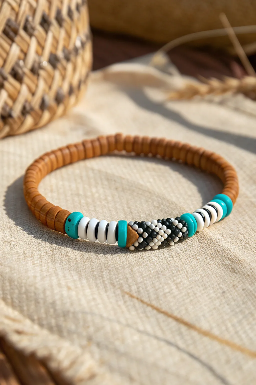 Minimalist chevron clay bead bracelet with turquoise center and Heishi accents, boho calm.