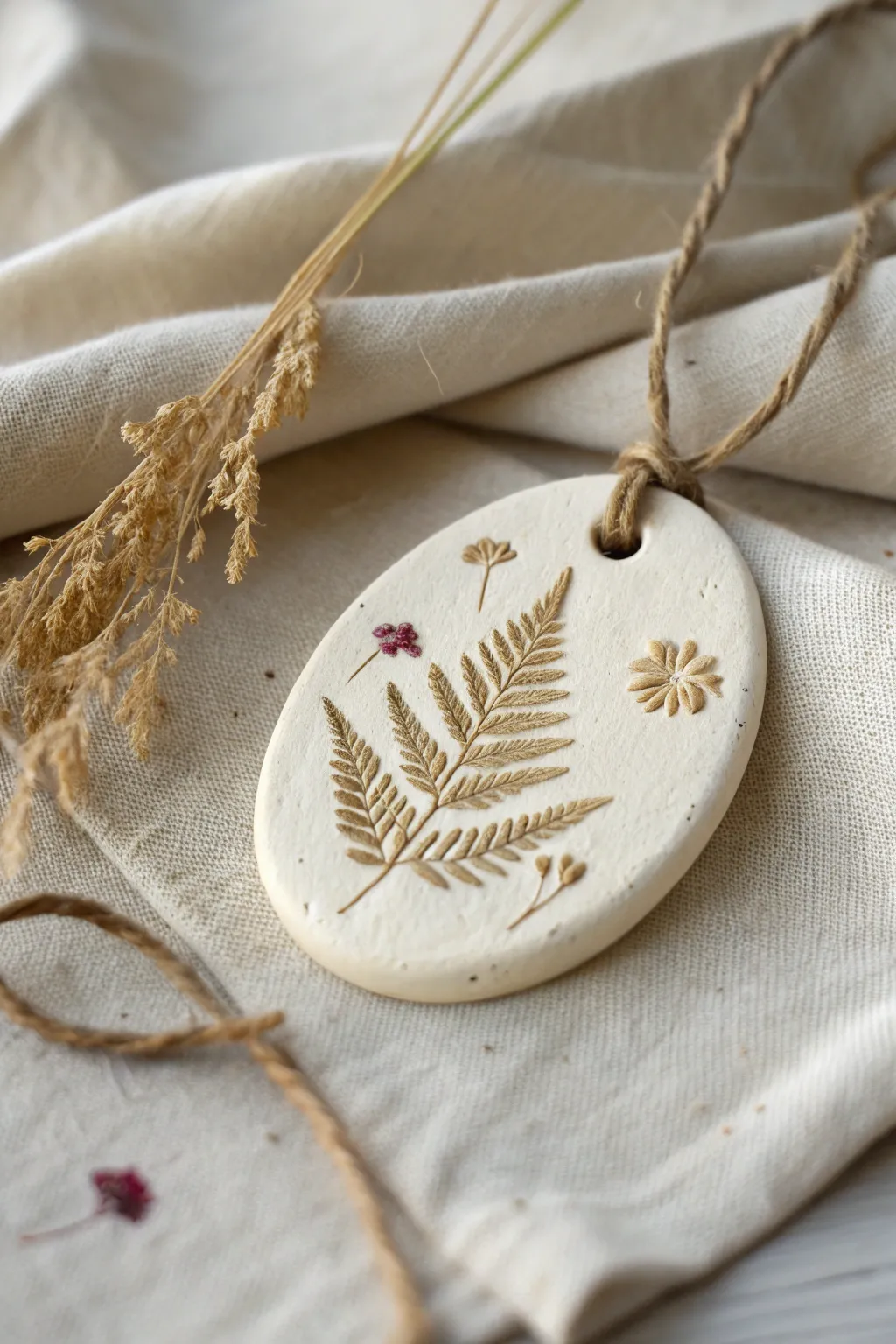 Simple wildflower and fern clay ornament on linen, minimalist boho charm for nature lovers.