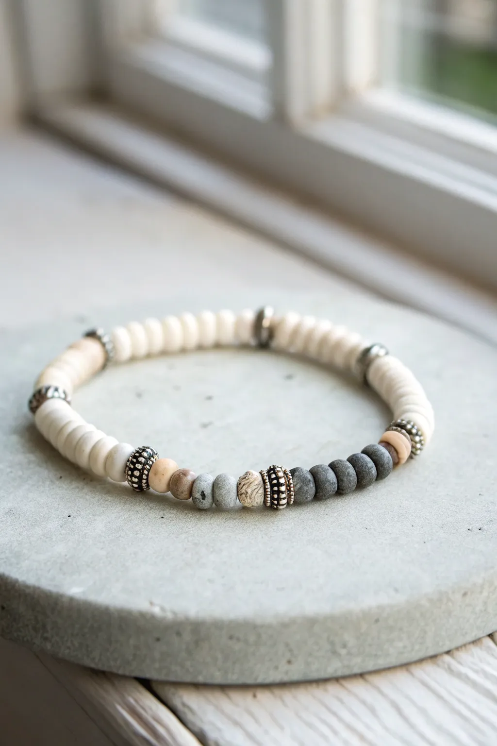 Greyscale heishi clay bracelet with soft silver spacers on cool concrete, clean and modern.
