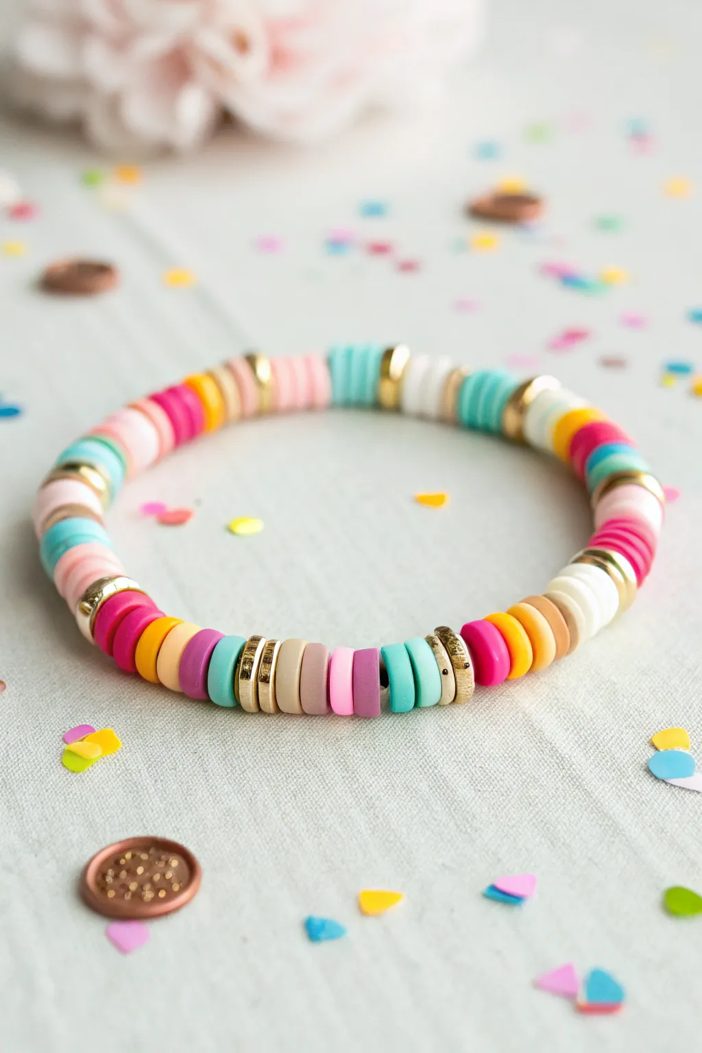 Confetti mix clay heishi bracelet with metallic accents, perfect for a bright New Years look.
