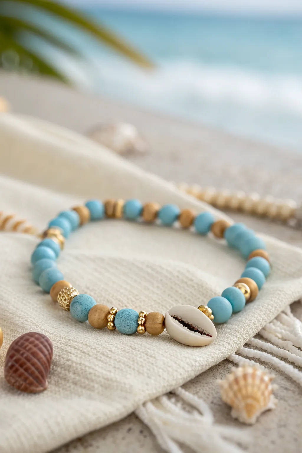 Ocean clay bead bracelet with a cowrie shell centerpiece on a beachy, minimalist backdrop