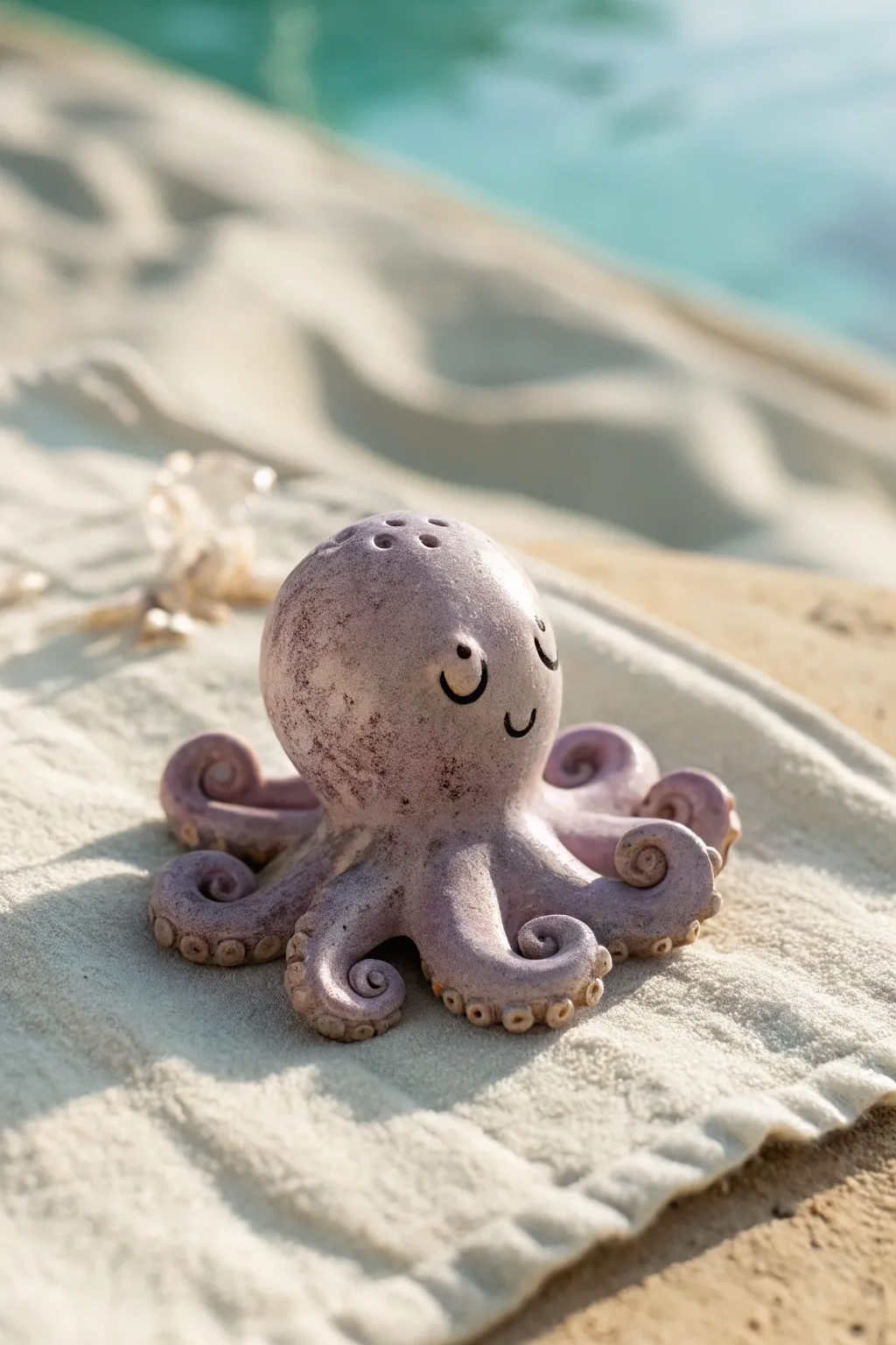 Mini octopus charm in soft lavender, curled tentacles and handmade texture on aqua backdrop.