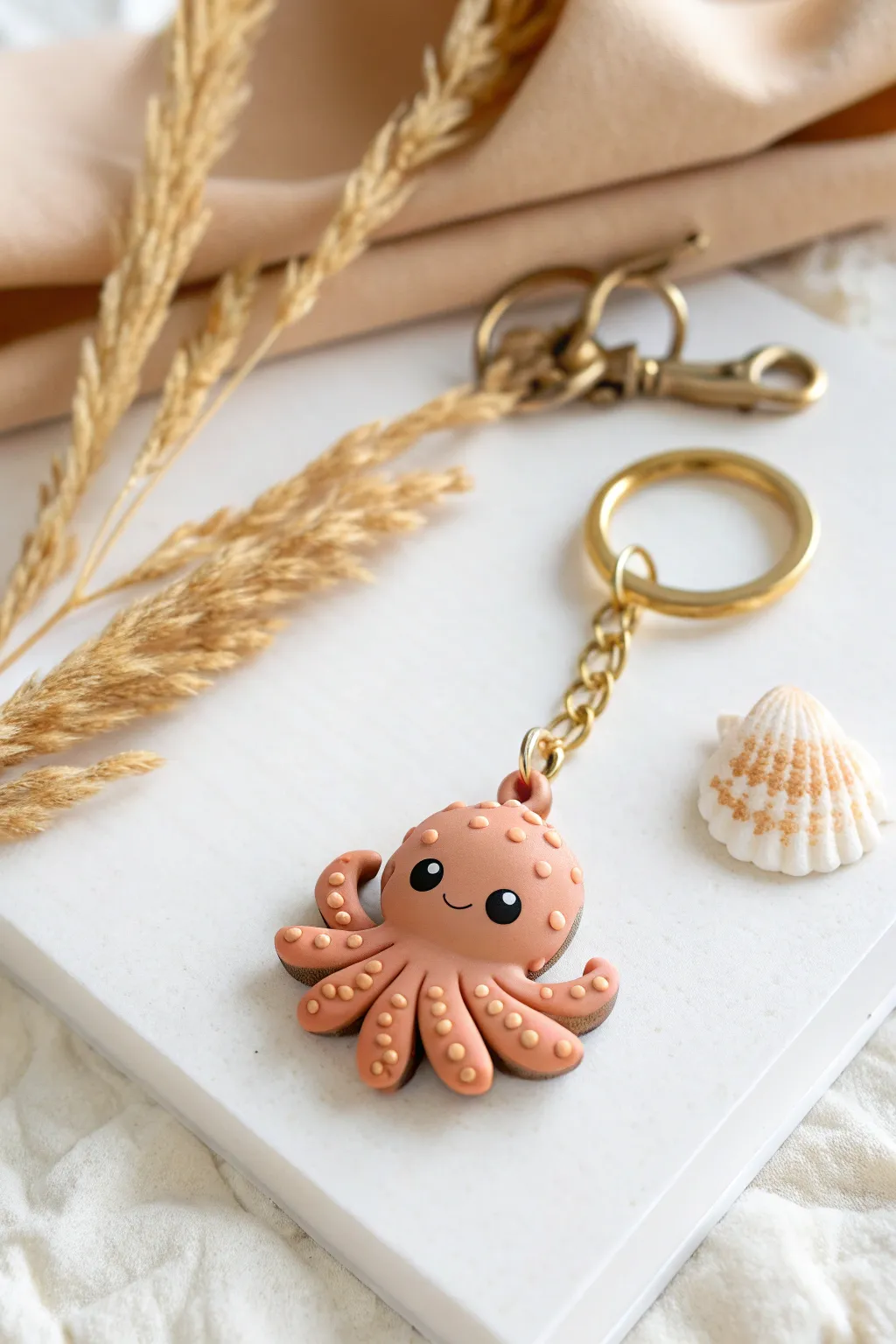 Sweet minimalist polymer clay octopus keychain charm, handmade look with soft Scandinavian tones.