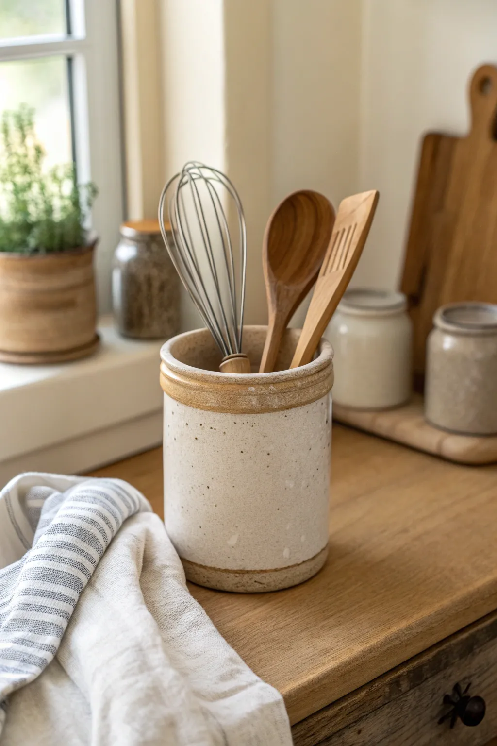 A softly speckled stoneware crock by the stove brings warm, vintage charm to everyday utensils.