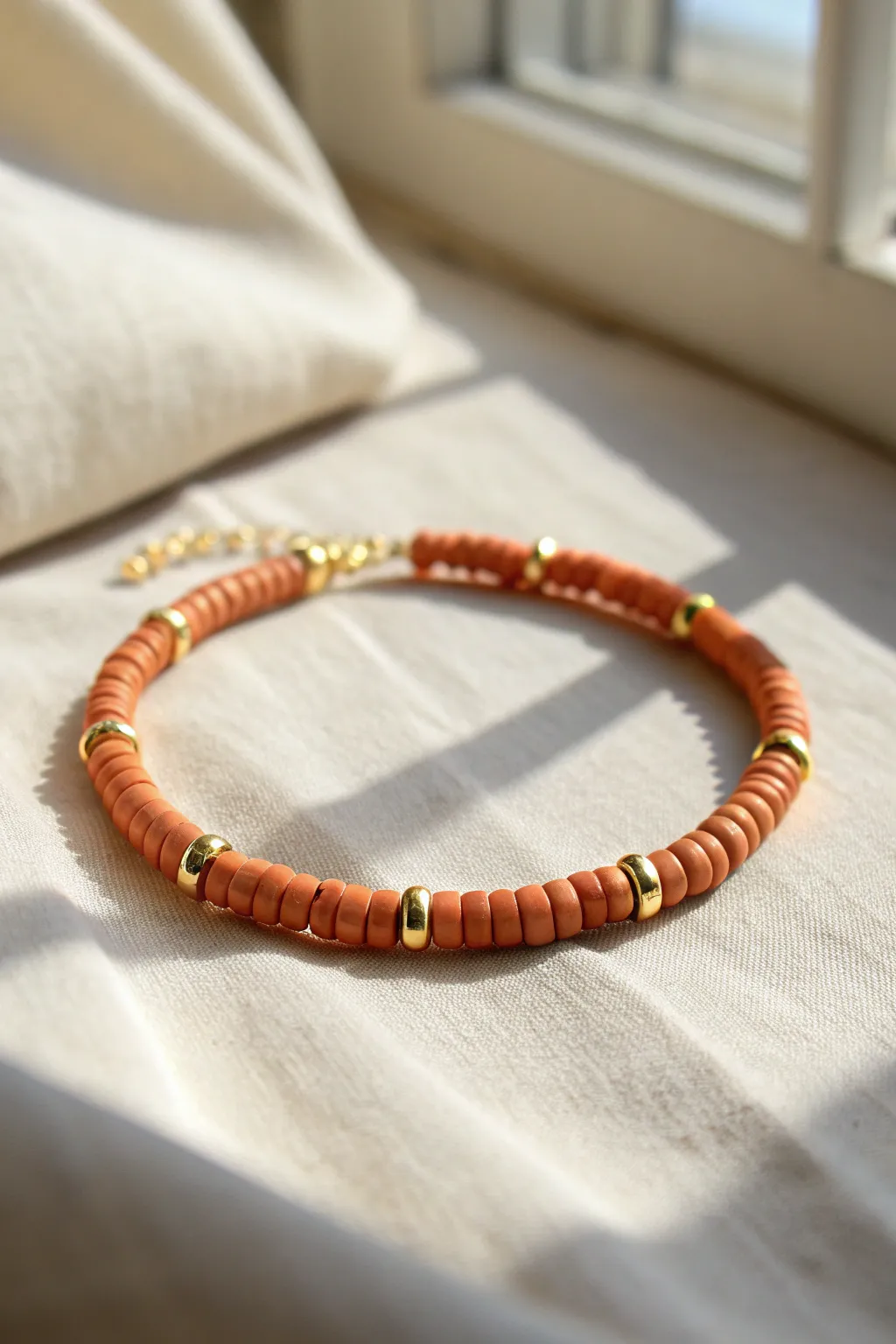 Orange clay heishi bracelet with gold spacer pops, minimalist Scandinavian wrist styling.