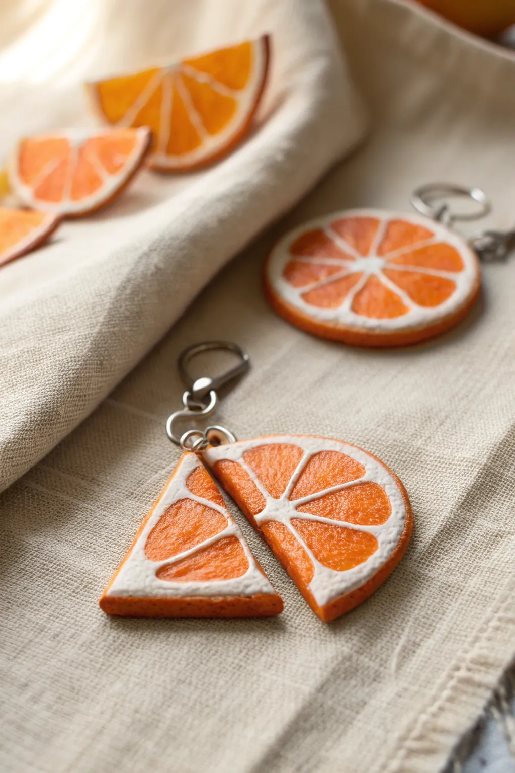 Citrus wedge clay charms with crisp white pith detail, perfect for earrings or keychains.