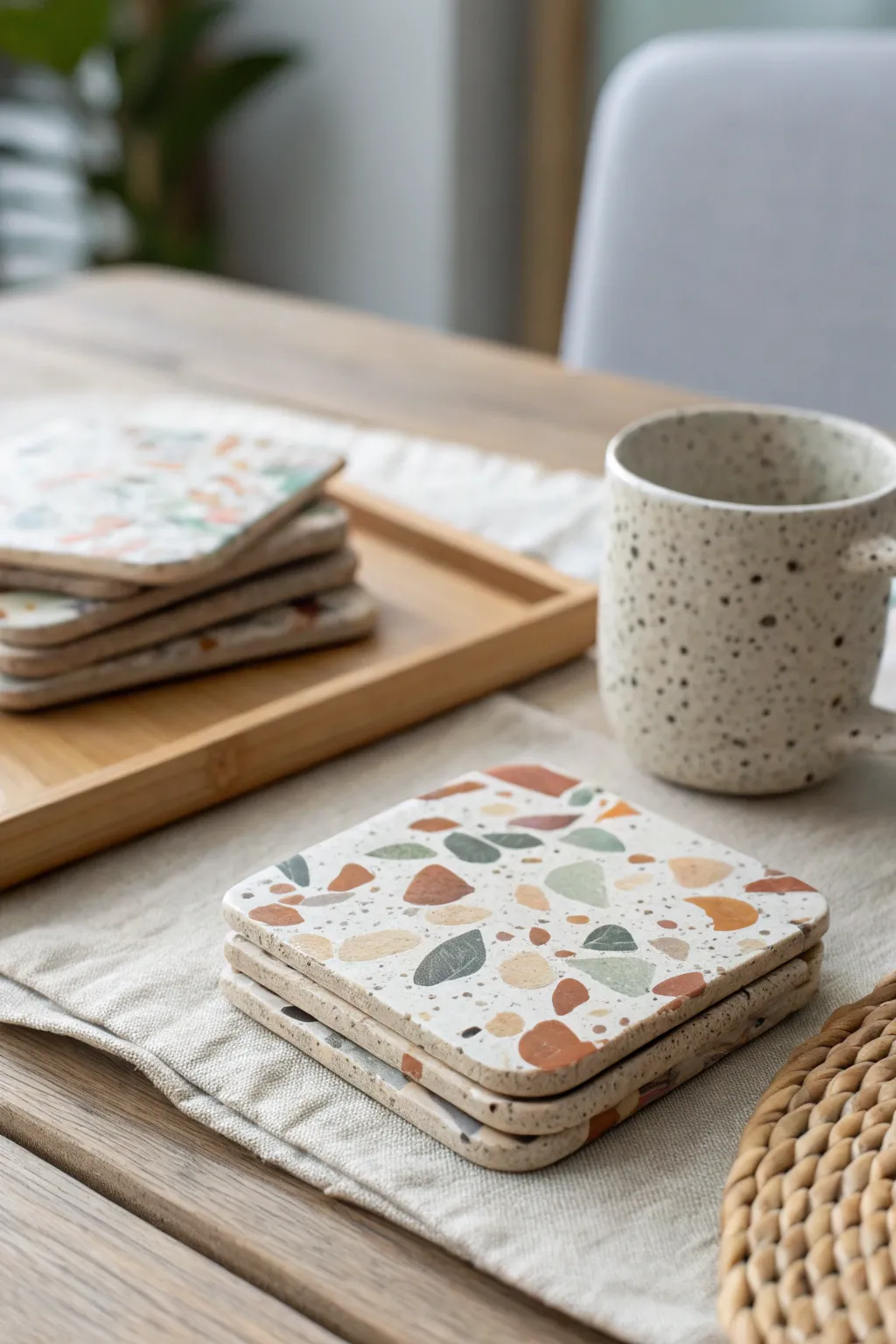 DIY oven-bake clay terrazzo coaster set in soft neutrals with playful color chips