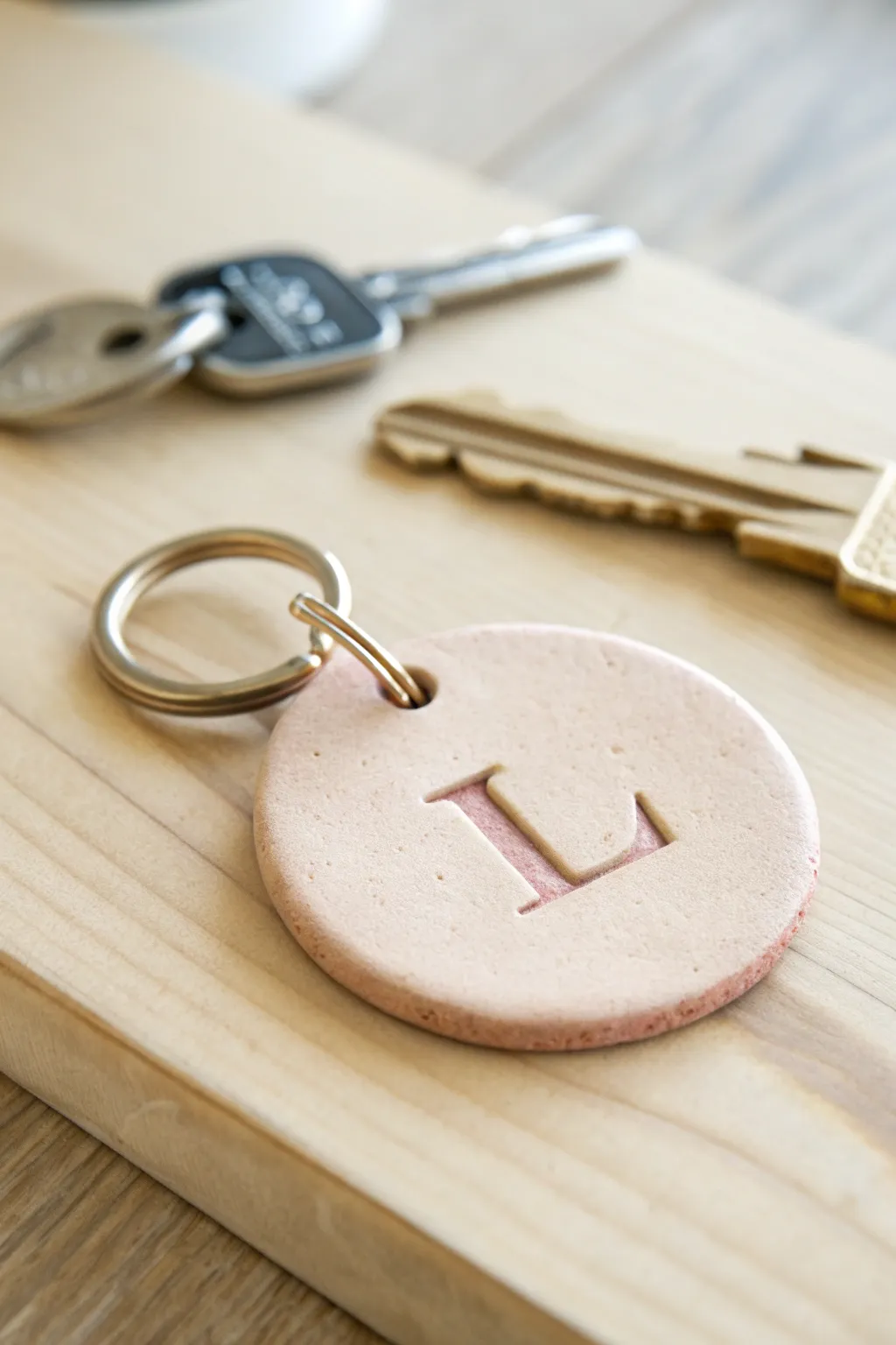 Simple oven bake clay initial keychain tag in soft neutral tones, perfect beginner project.