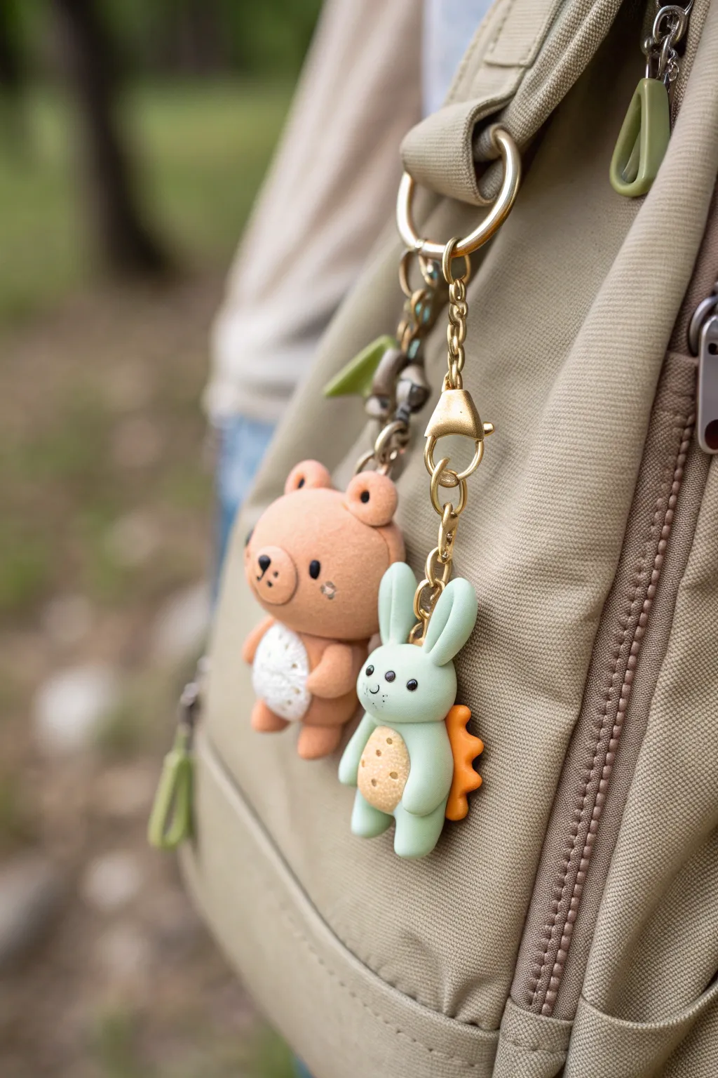 Chunky oven-bake clay animal keychain buddies clipped to a kids backpack zipper, so cute