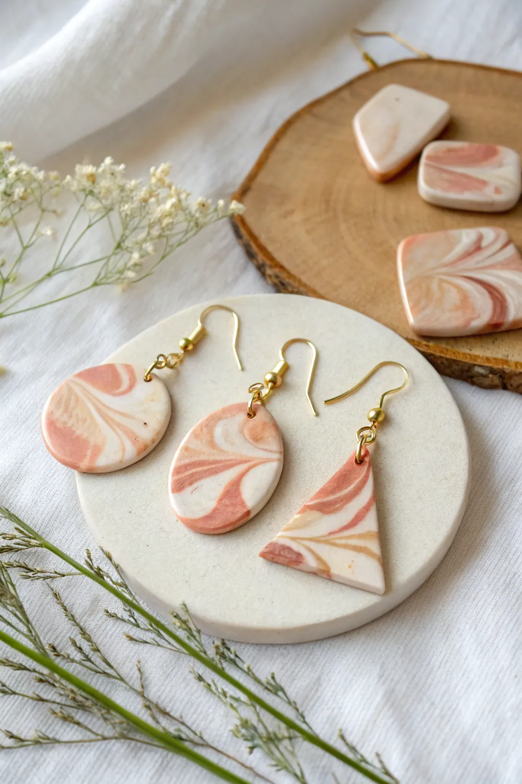 Minimal marble slab earrings in oven-bake clay with matching pendant, soft Nordic boho styling.