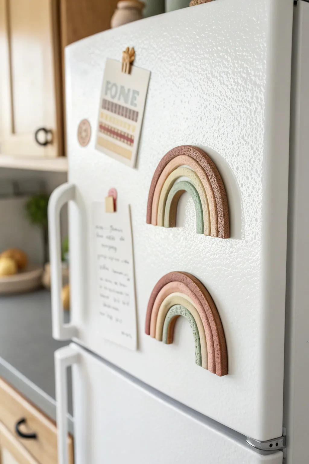 Rainbow arch clay magnet with glossy finish, minimalist fridge styling, soft boho pastels.