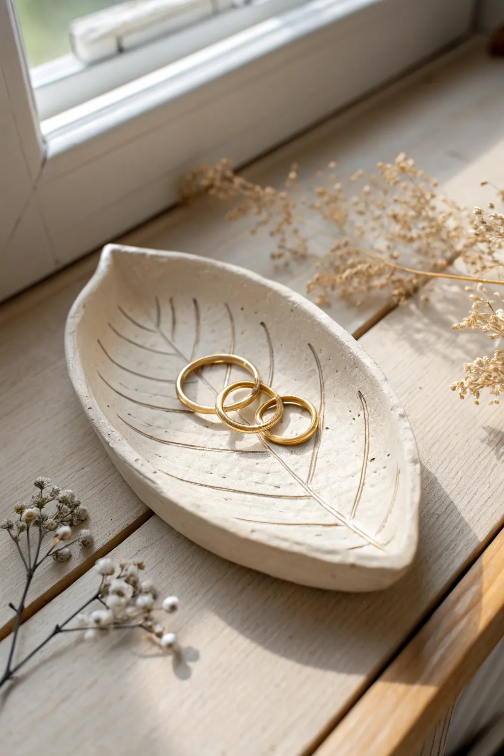 Simple oven-bake clay leaf ring tray with soft curves and delicate veins on light wood.