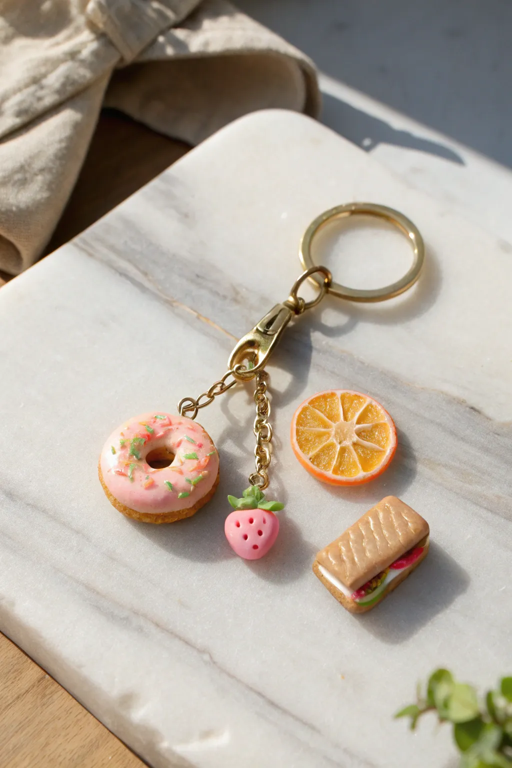 Sweet mini food charms made with oven dry clay, styled as a simple keychain in soft neutral tones