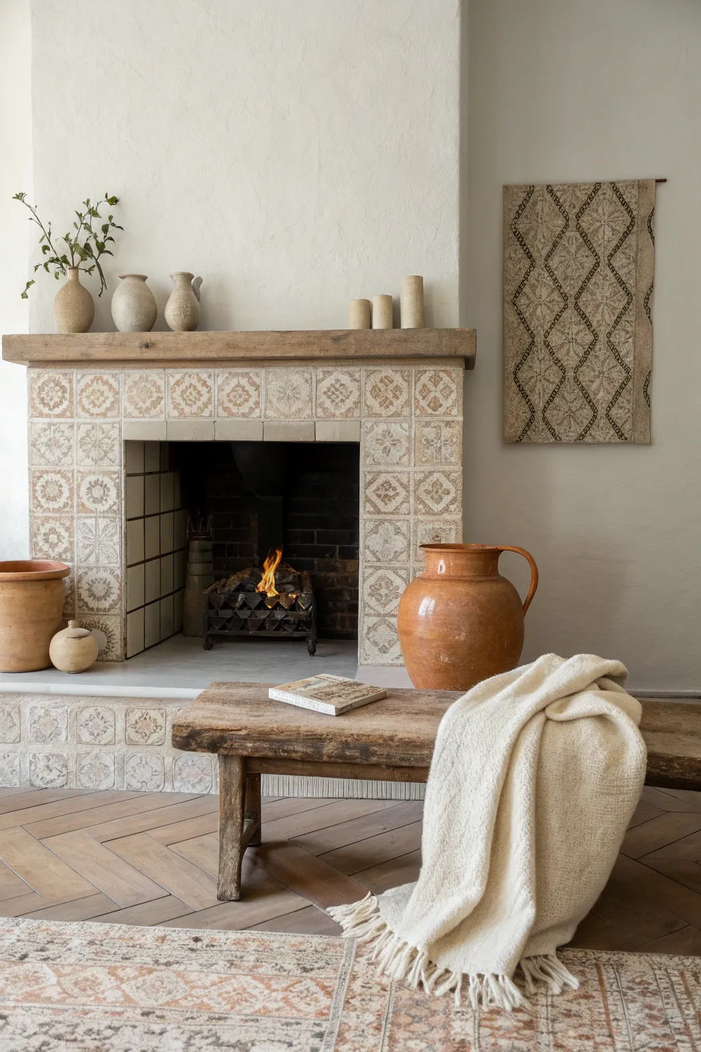Warm greige-painted fireplace tiles that calm busy patterns, styled with natural pottery and soft texture.