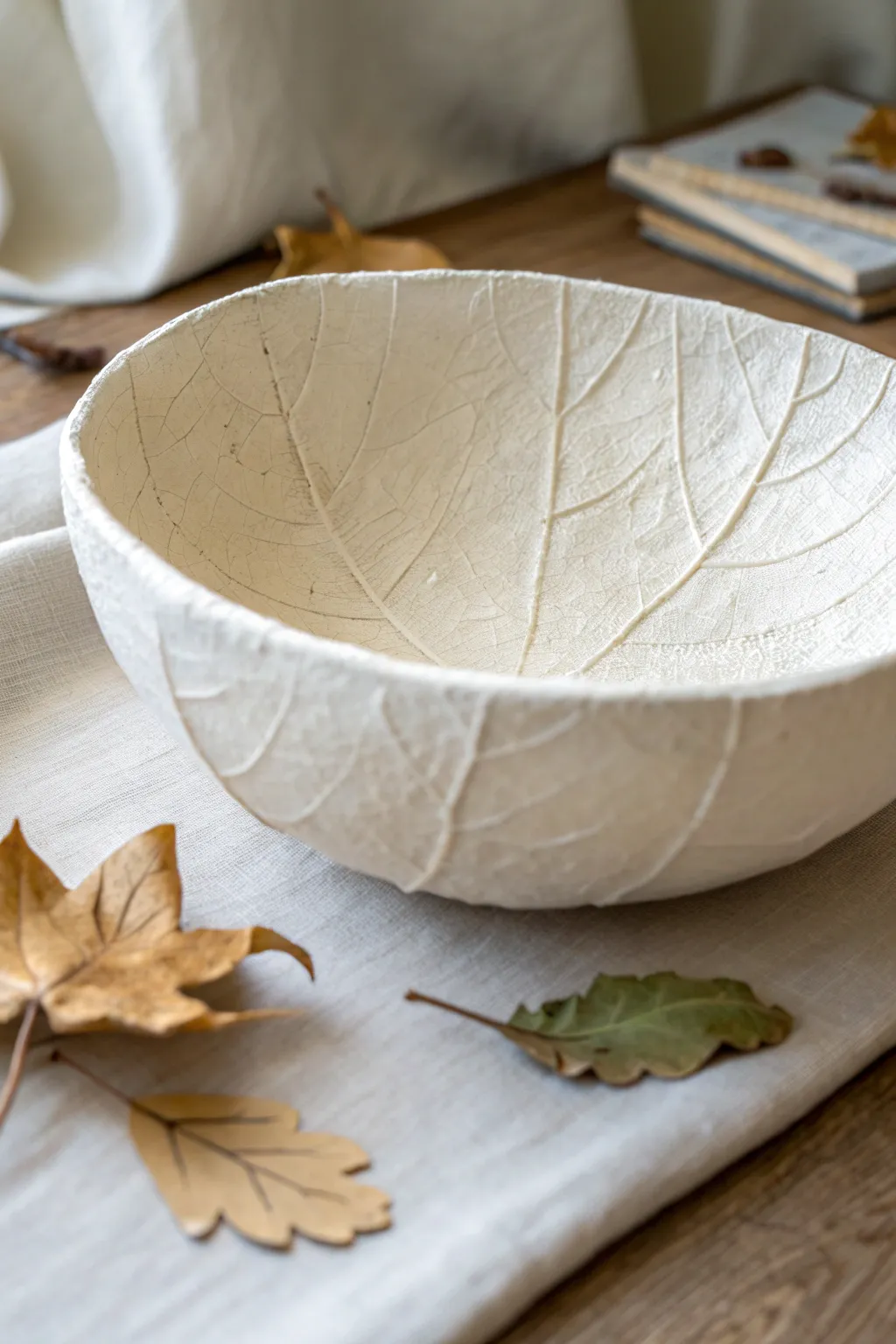 Paper clay leaf-imprint bowl in soft light, minimalist styling with a hint of boho calm.