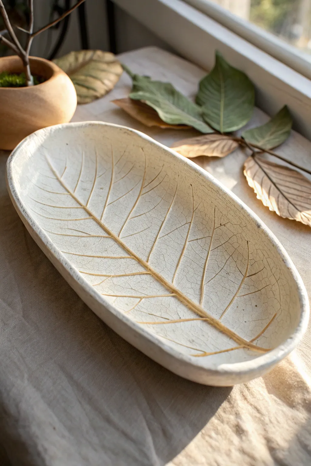 Minimalist leaf-imprint paper clay trinket tray in matte neutrals with a soft contrast wash.