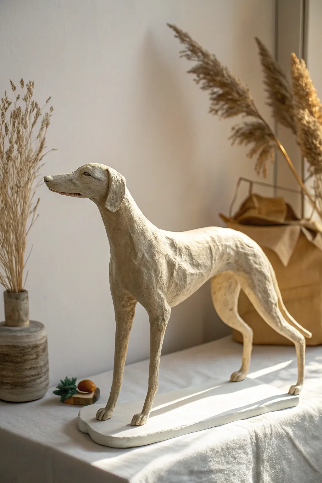 Minimal paper clay long-leg dog sculpture, neutral tones and crisp silhouette for modern decor.
