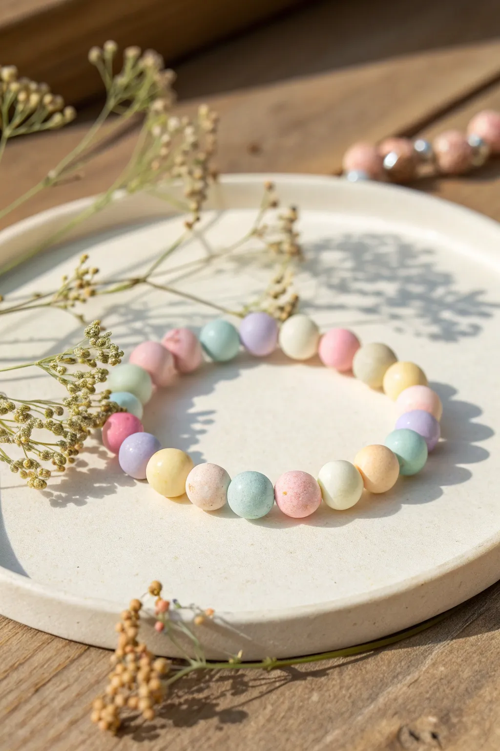 Pastel confetti clay bead bracelet in sunlit minimal style, soft boho color mix