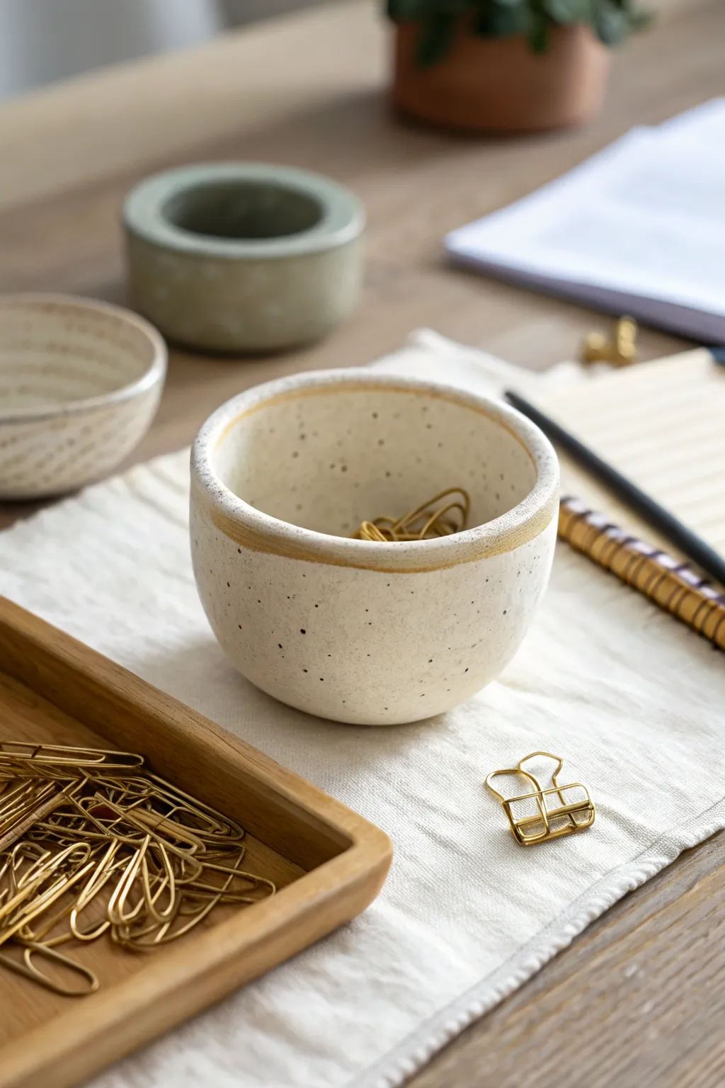 Mini pinch cup desk storage with warm matte clay and brass clips in a calm minimalist setup
