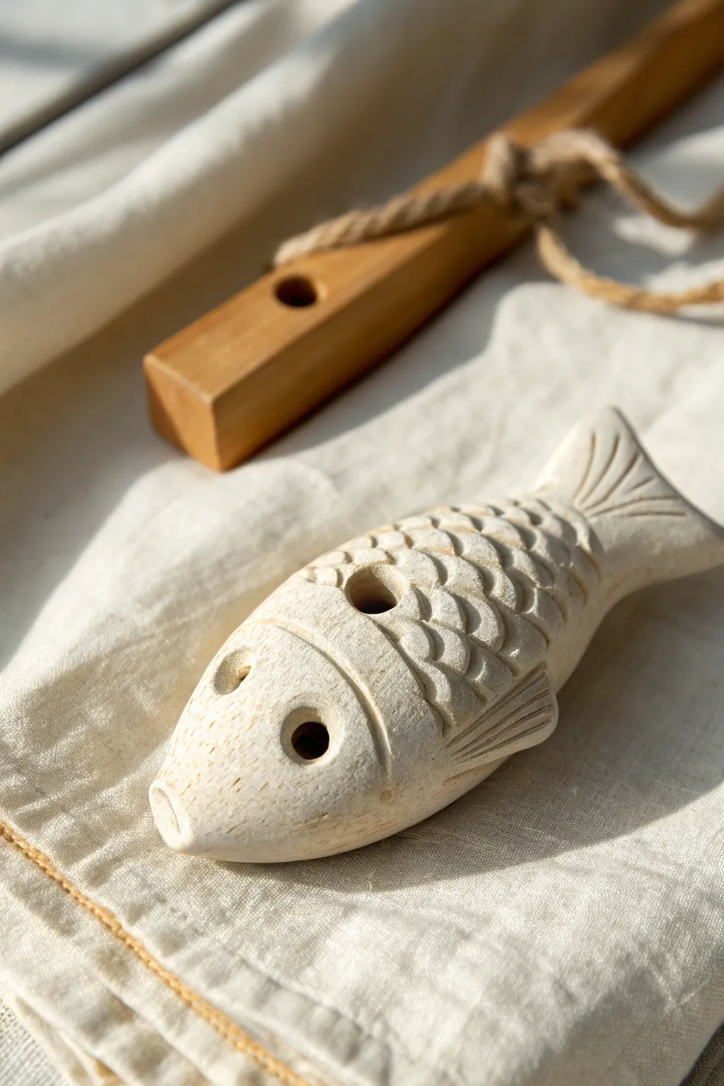 Chunky pinch-clay fish whistle with a flared tail mouthpiece in a clean minimalist setup