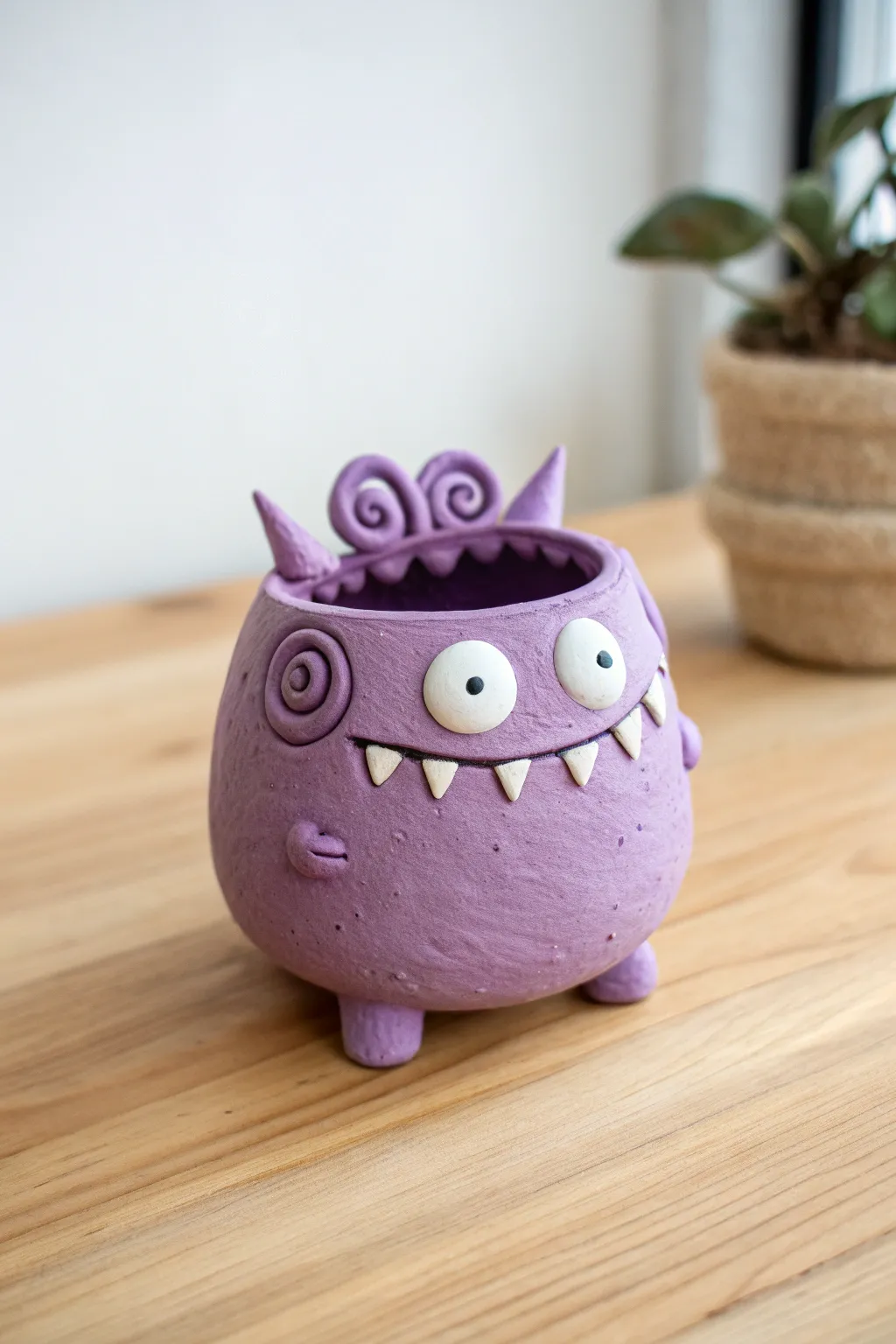 Cute purple pinch pot monster with a long floppy tongue dripping out and curling on the table