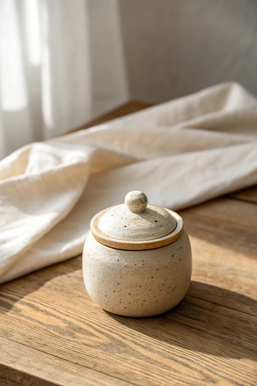 Simple pinch pot jar with a soft domed drop-in lid, minimalist clay texture and warmth.