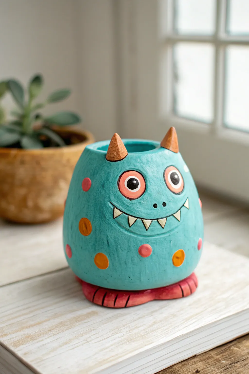 A goofy three-eyed pinch pot monster in bright glazes, minimalist styling, and cozy handmade charm.