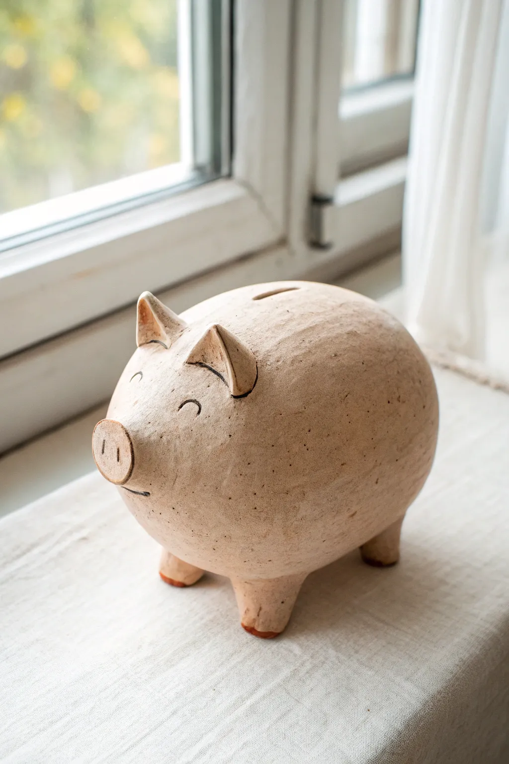 Plump pig pinch pot rattle with tiny ears and hooves, simple, sweet, handmade charm.