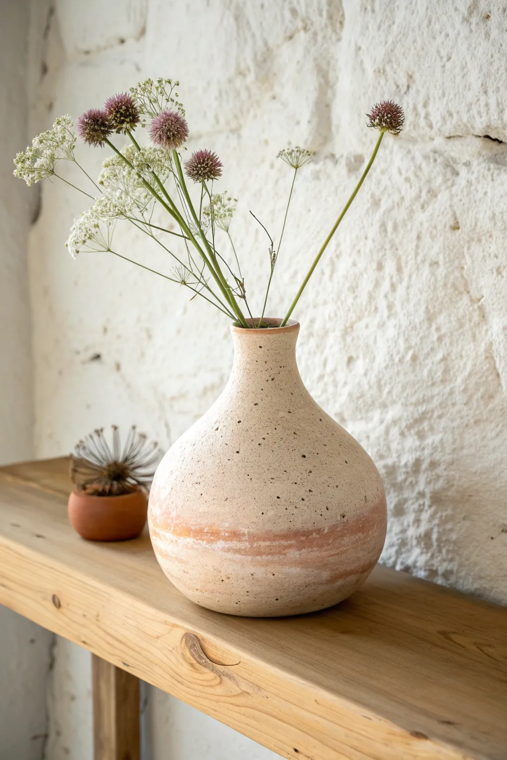 Wide-belly pinch pot vase with tiny mouth, perfect for two stems and cozy shelf styling.