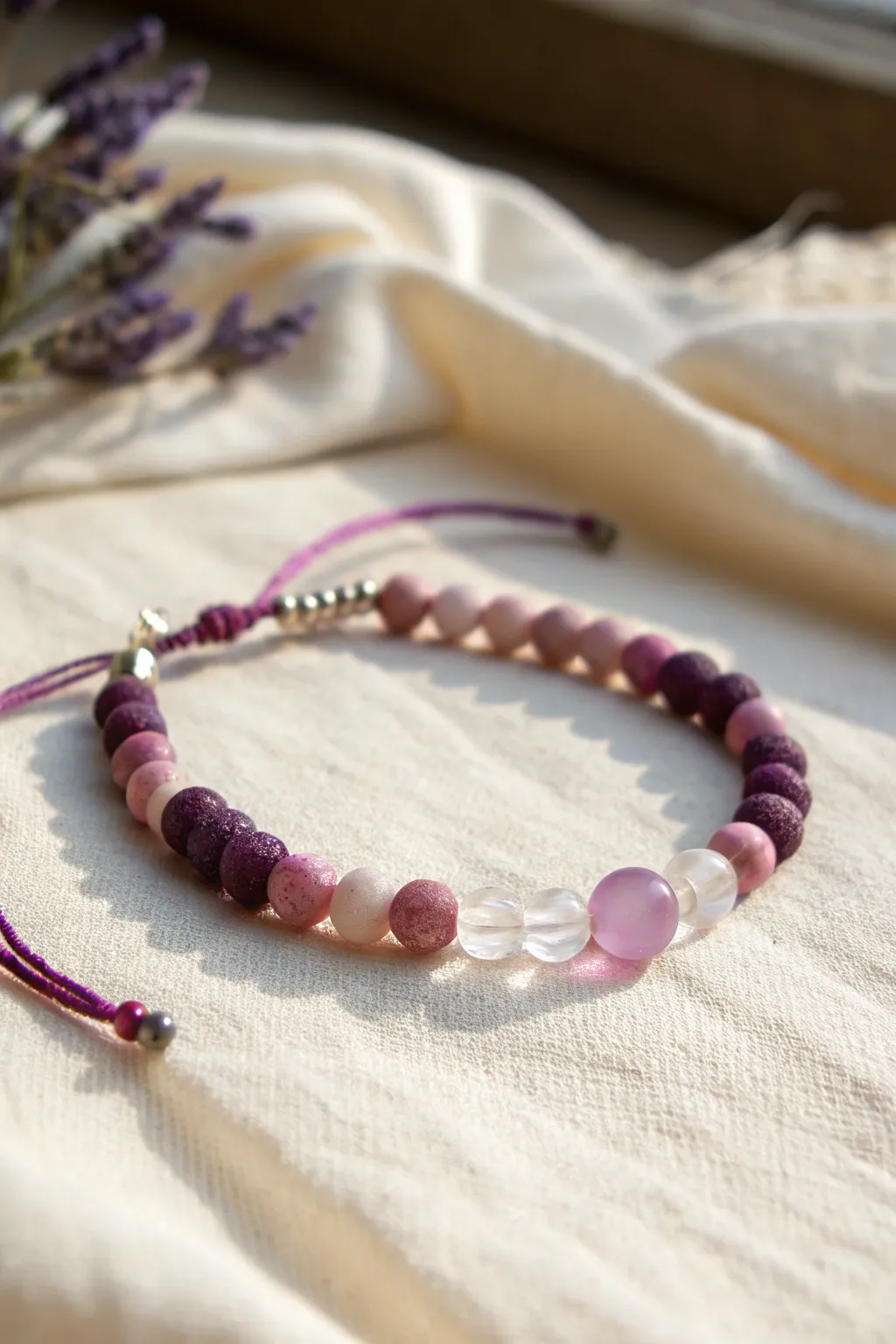 Soft ombré clay bead bracelet fading from plum to blush for an easy, feminine DIY look