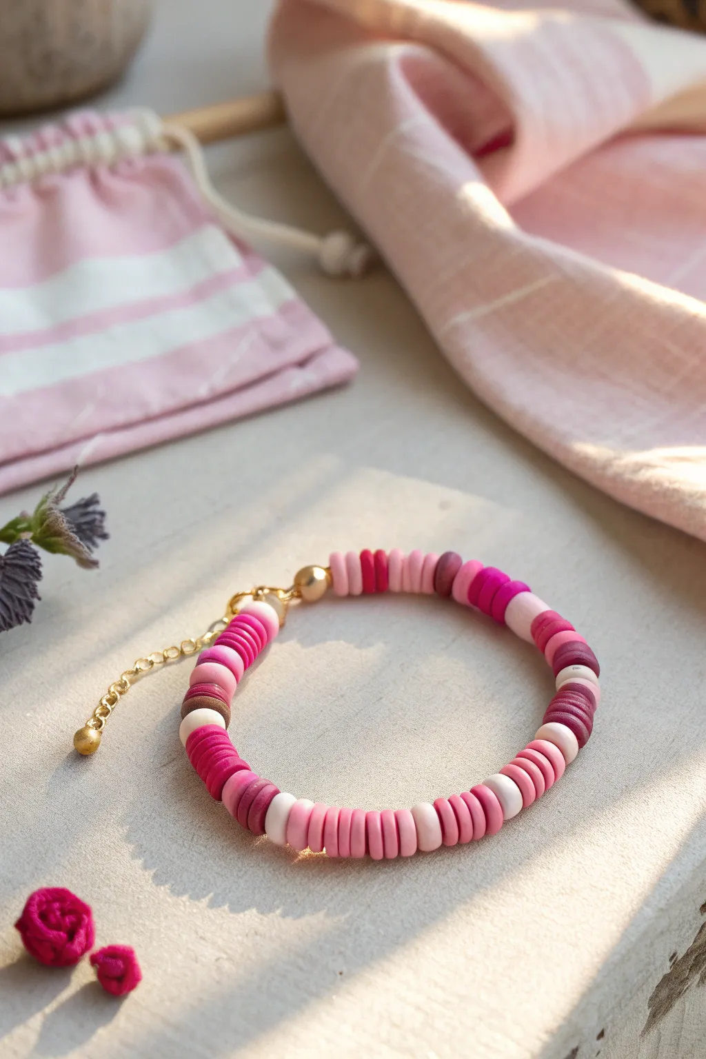 Minimal pink color-block clay bead bracelet in fuchsia, rose, and baby pink on linen.