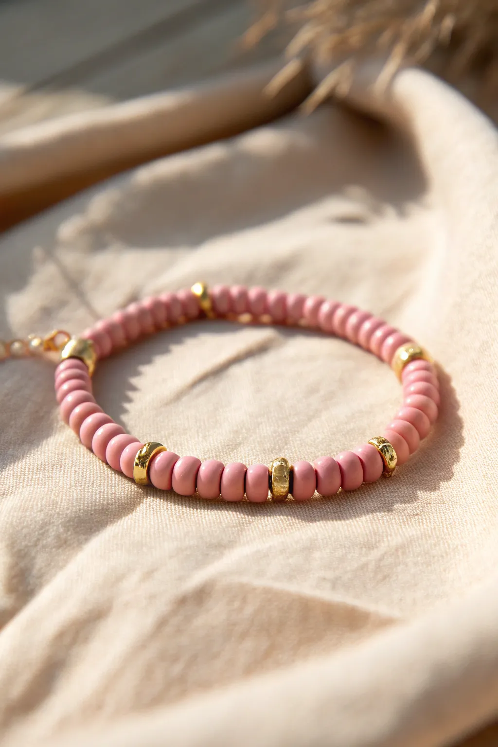 Pink clay discs and gold spacers create a soft rhythmic bracelet with minimalist boho charm.