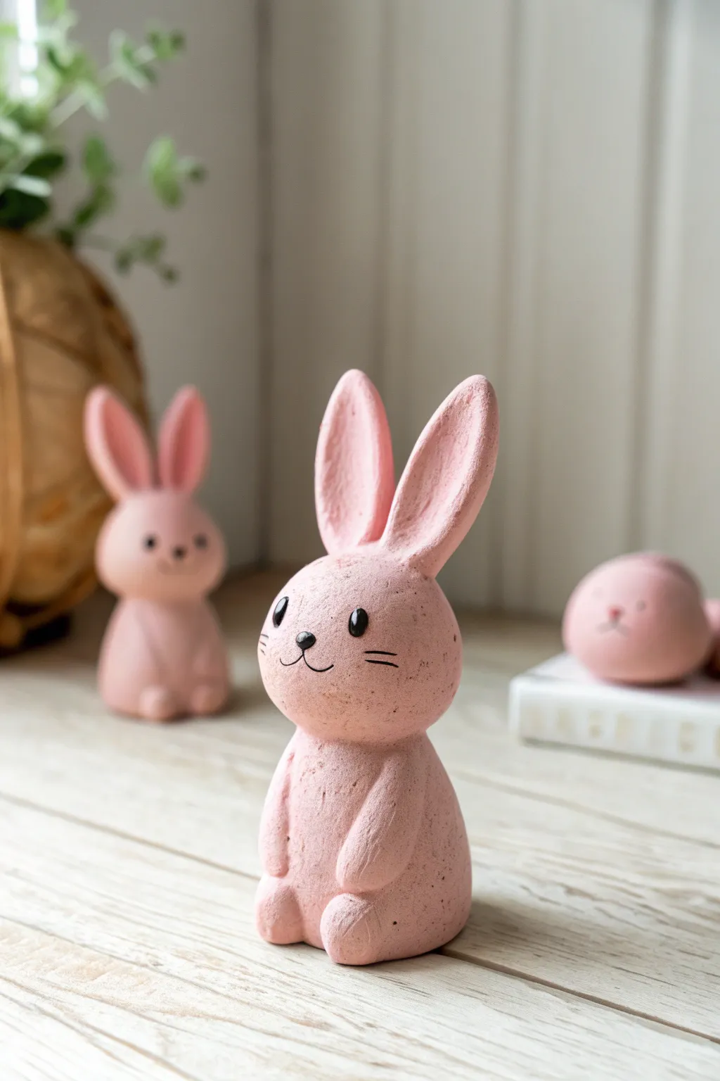 Mini pink clay bunnies with a soft matte finish, perfect for sweet minimalist decor