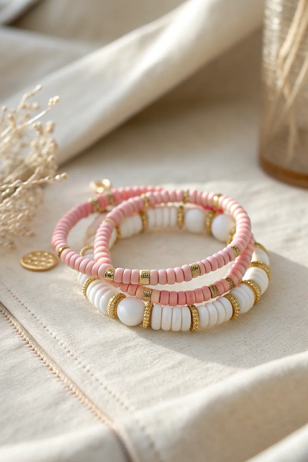 Pink and white striped heishi bracelets with gold spacers for a crisp, preppy finish.