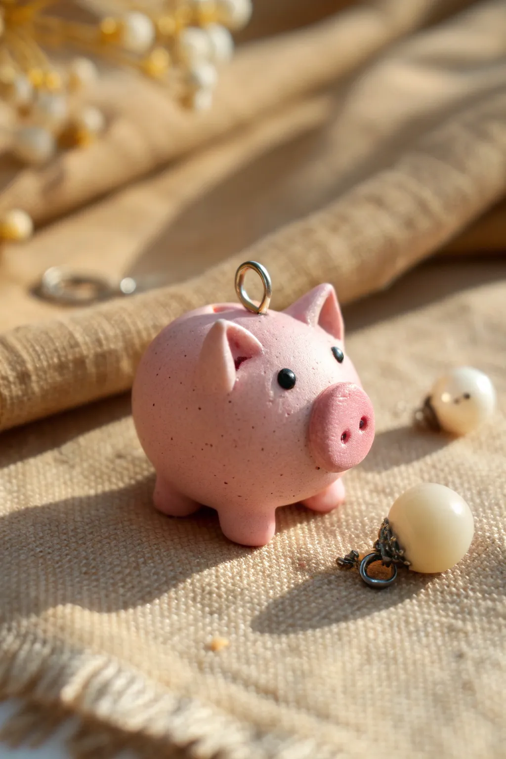Chubby pink piglet polymer clay charm with tiny snout and legs, styled minimal and sweet.