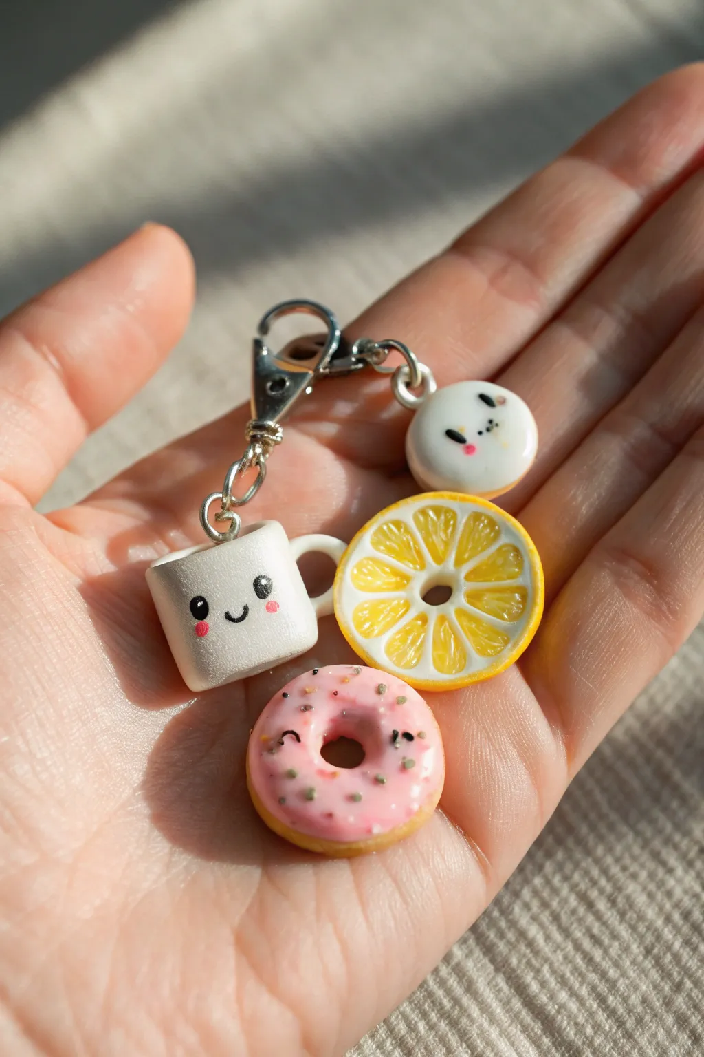 Sweet polymer clay mini food charms with tiny faces, perfect cute Pinterest DIY inspiration.