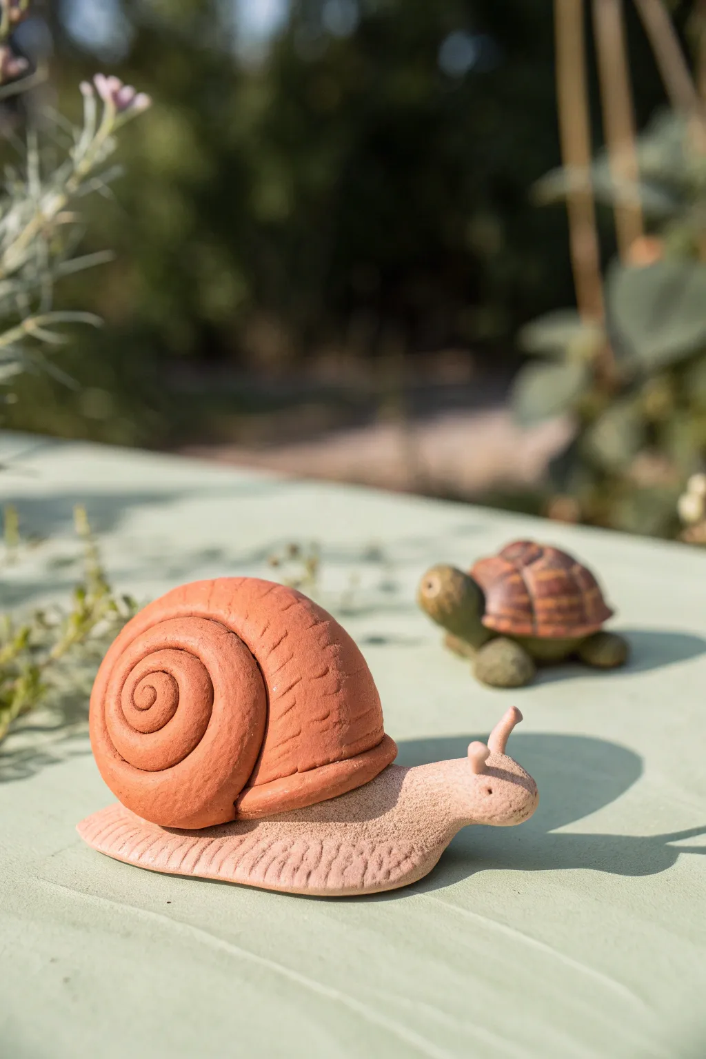 Beginner plasticine snail with a tiny turtle friend, simple garden vibes on calming green.