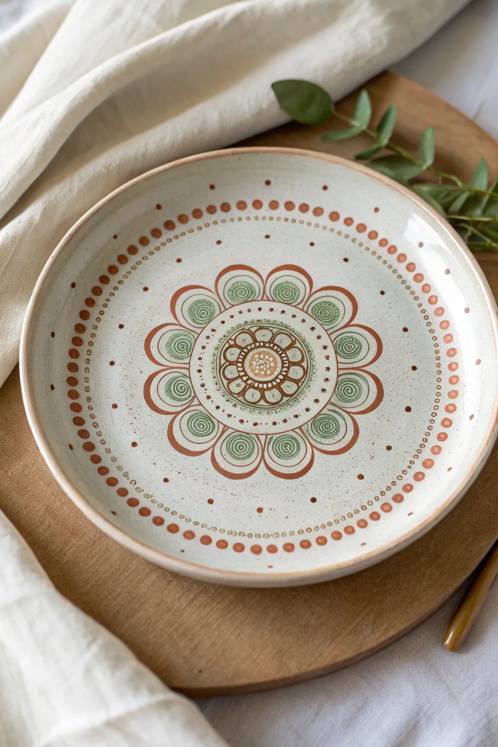 Minimal dot mandala centerpiece in two tones for a calm, modern handmade plate look