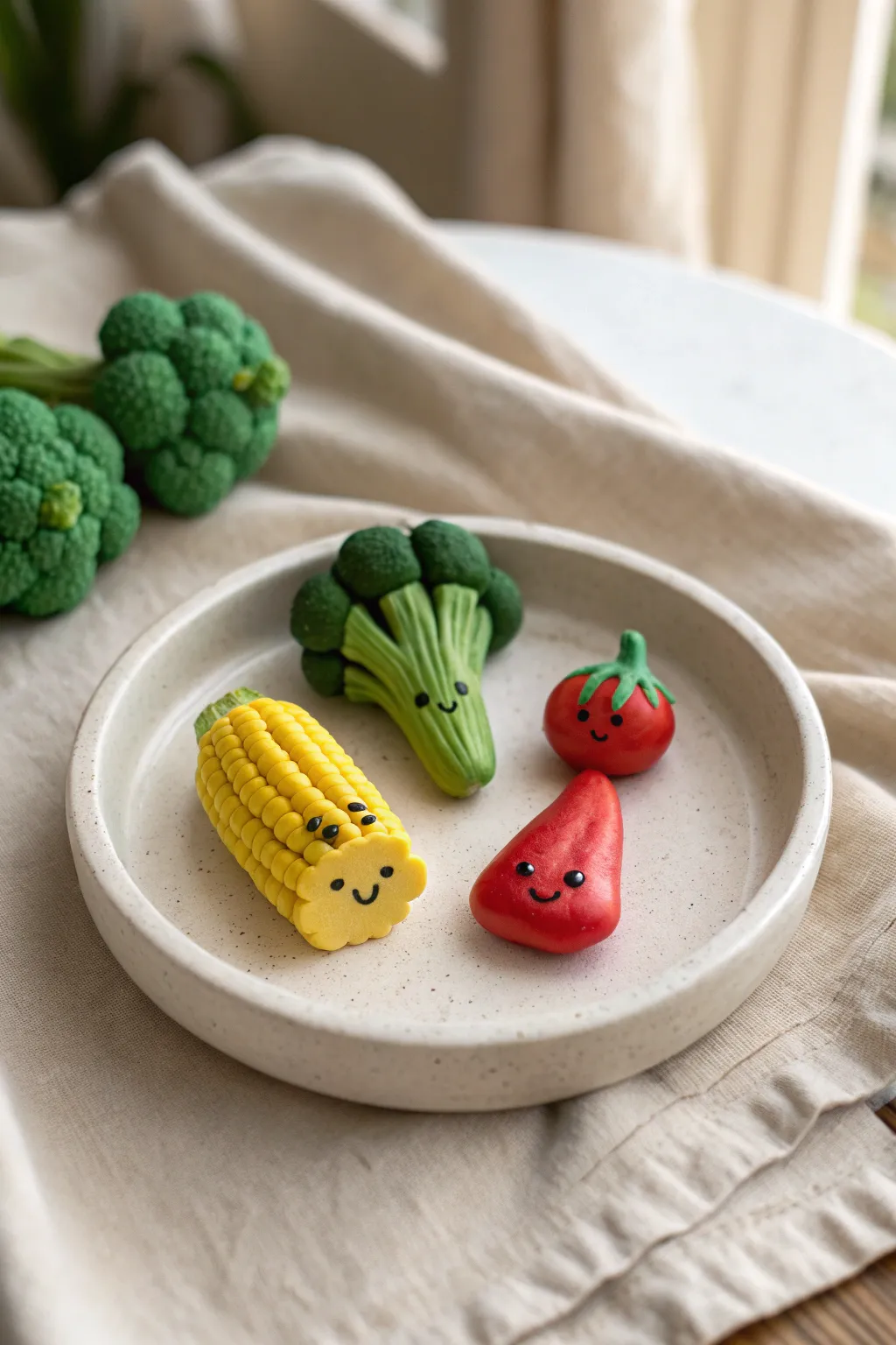 Cute play clay veggie pals on a minimalist plate, perfect for pretend kitchen fun.
