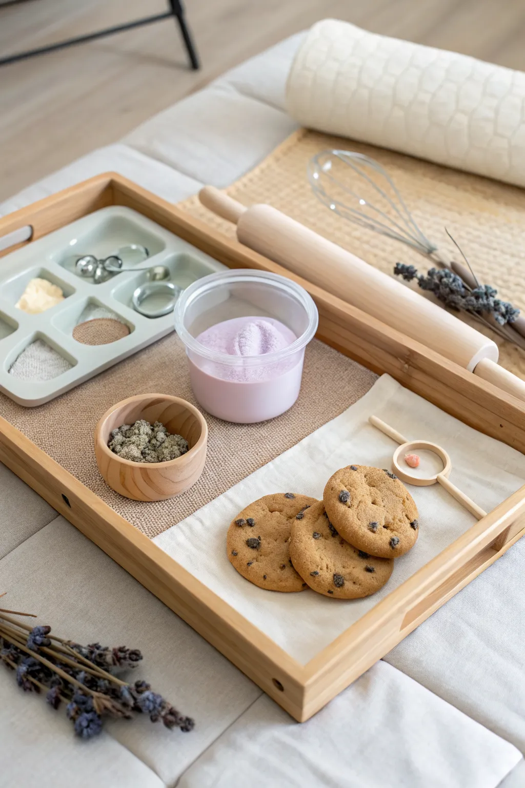 Portable tray playdough station with tidy tools, perfect for small spaces and cozy play.