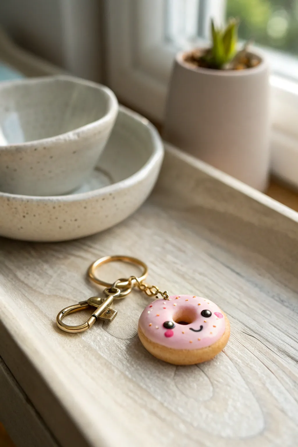 Sweet polymer clay donut charm keychain in soft Nordic styling, simple, cute, and handmade.