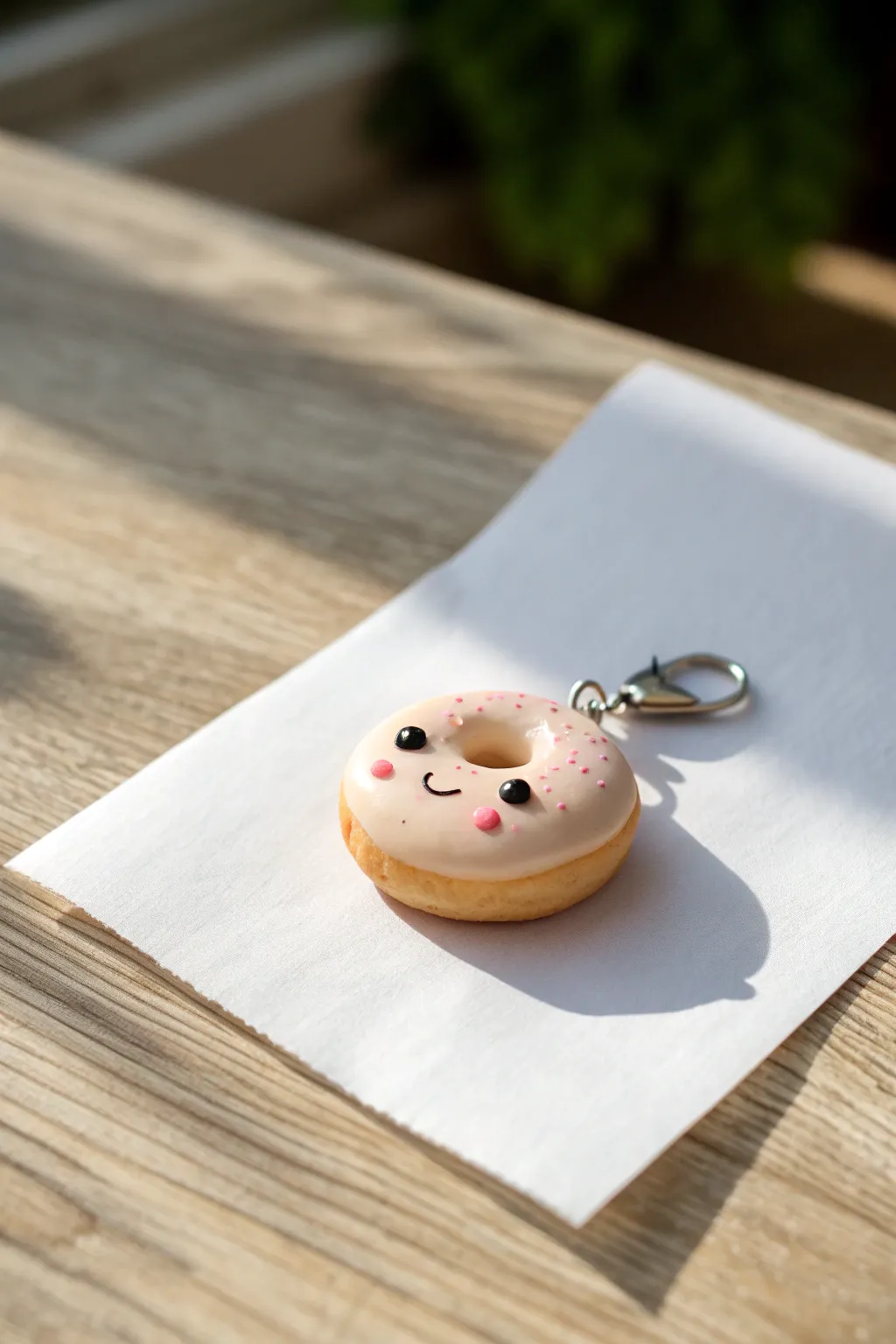 Sweet kawaii donut charm in polymer clay, minimal styling and soft blush details for easy DIY.