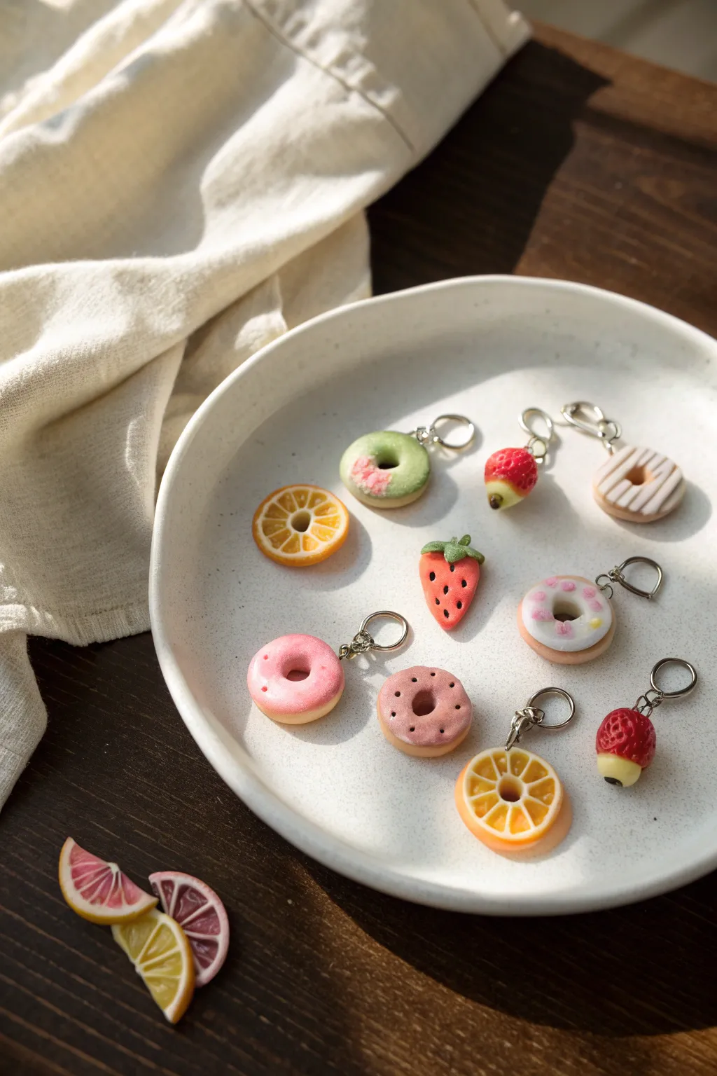 Mini polymer clay food charms styled on a small plate, minimalist Scandinavian with soft boho warmth