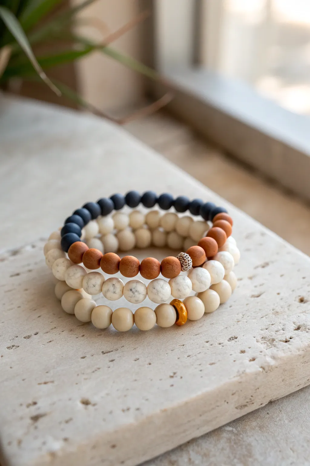 Monochrome polymer clay bracelets with a single pop bead, minimalist Scandinavian-boho style.