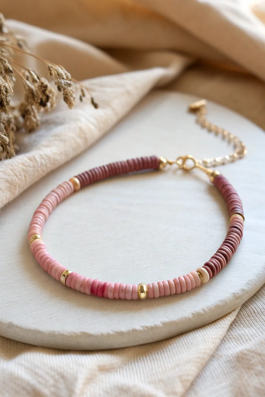 Smooth ombre heishi bracelet from deep berry to blush for a minimal boho look