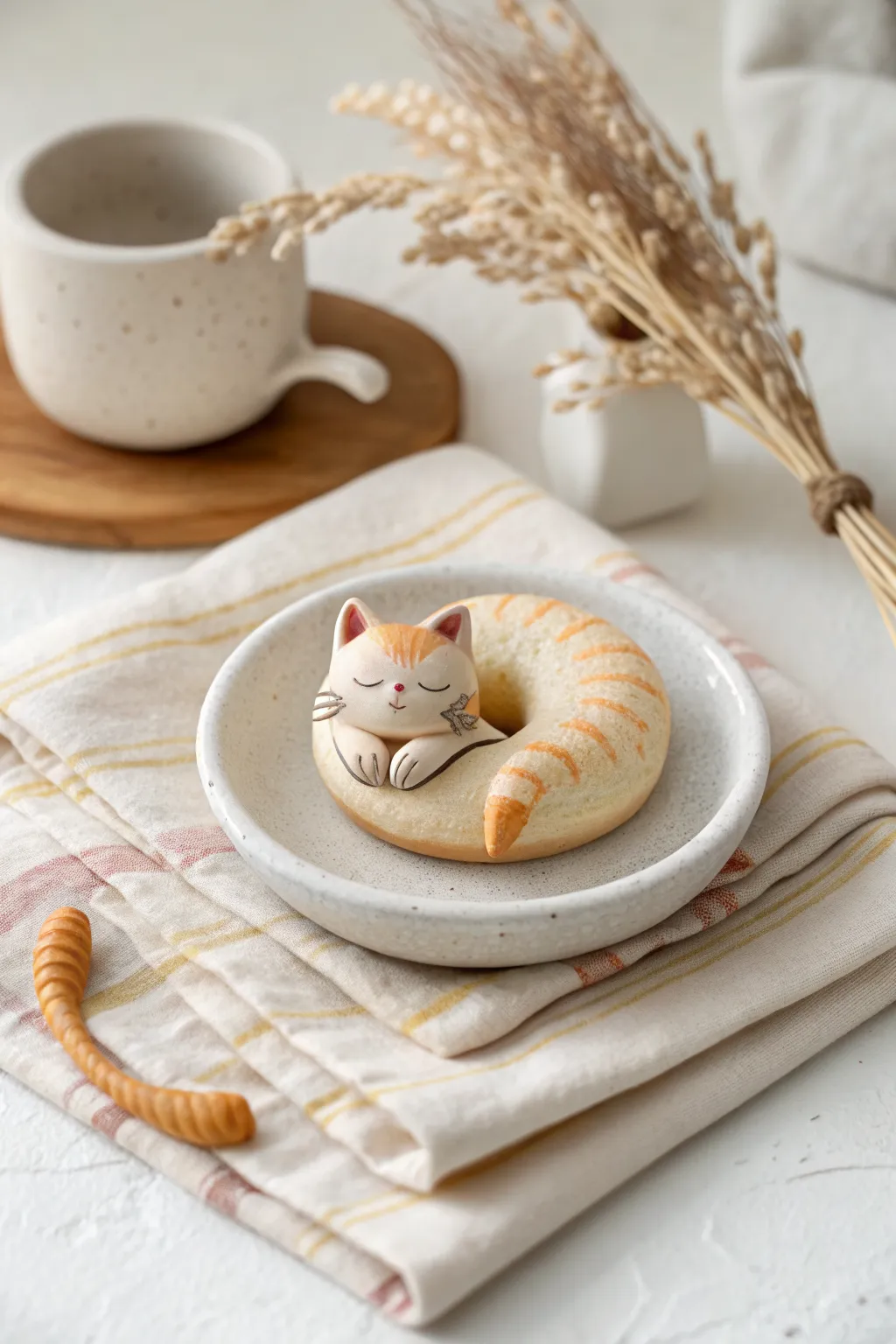 Curled-up polymer clay kitten on a tiny dish, simple, cozy, and irresistibly nap-worthy.