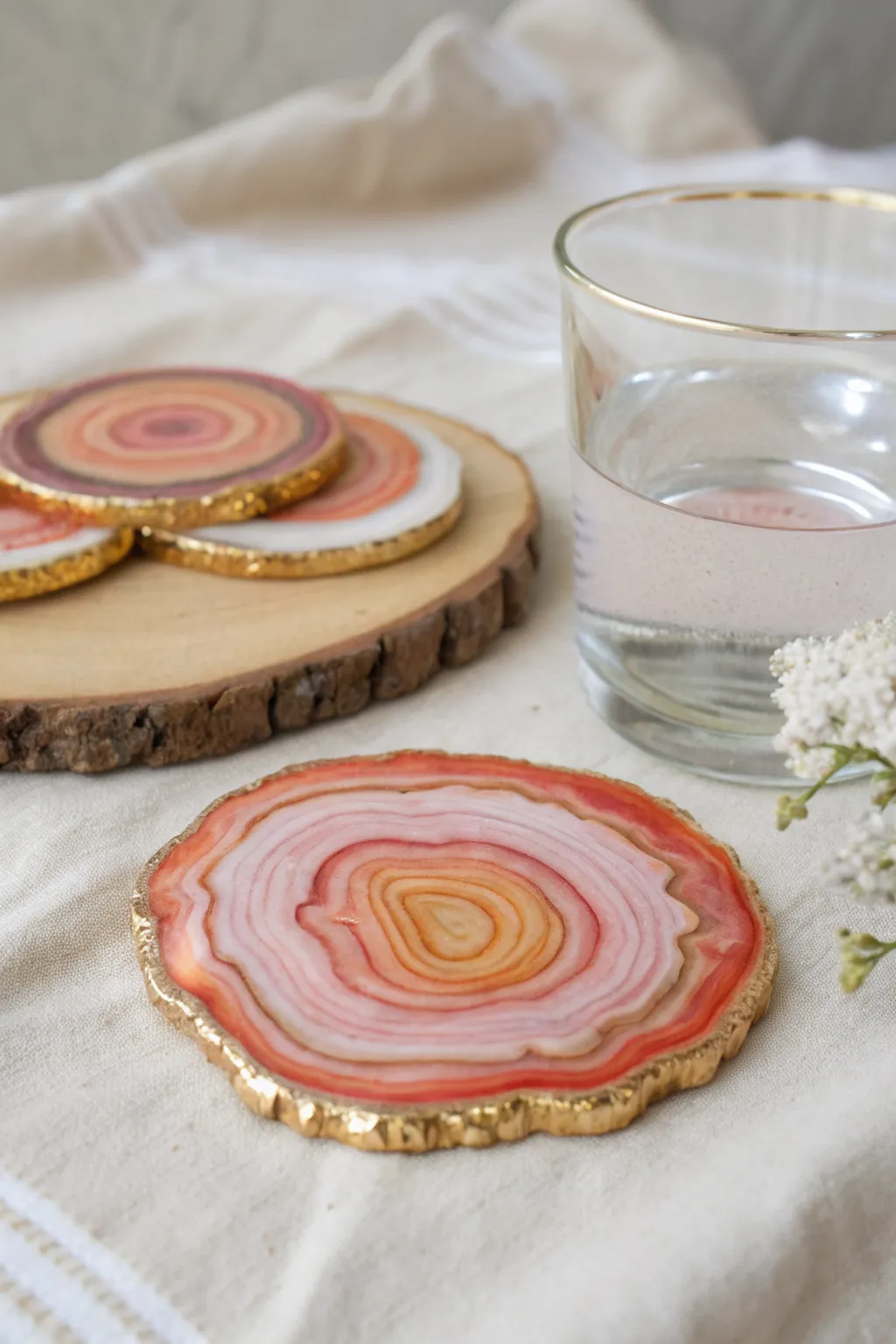 Faux agate polymer clay coaster with a delicate metallic rim, styled for a clean minimalist table.