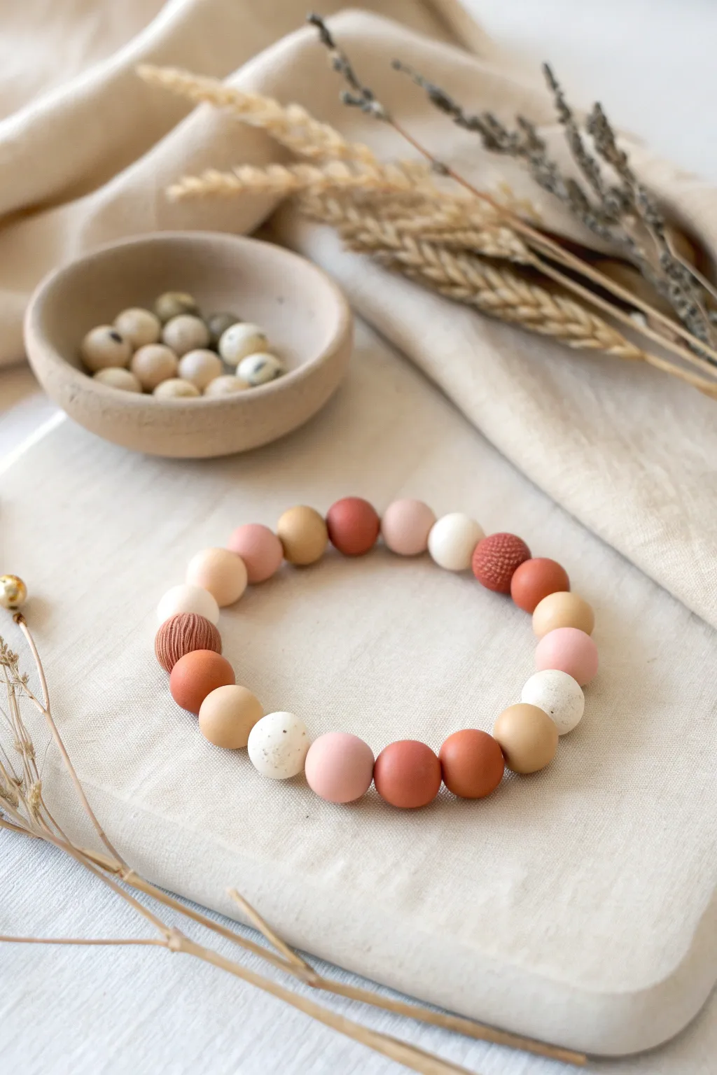 Mixed-size polymer clay bead bracelet in soft neutrals, styled minimally with a matching bead set.