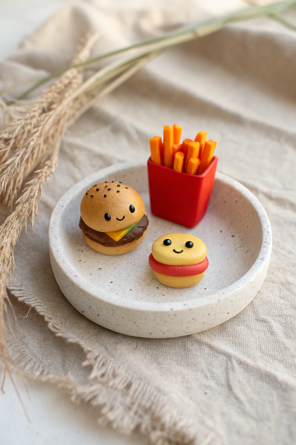 Tiny polymer clay burger and fries duo, perfect cute date night craft with minimalist boho vibes